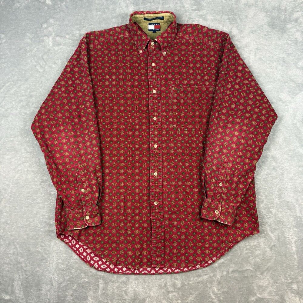 Vintage 90s Tommy Hilfiger Button Down Shirt Men’s Medium Red Geometric Print